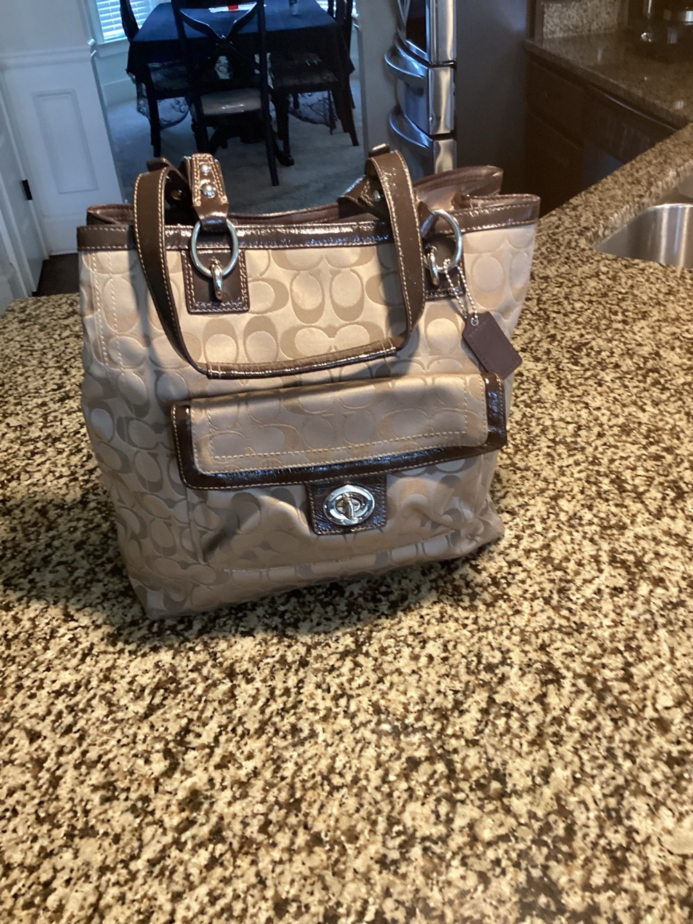 Coach Beige and Dark Brown Signature Shoulder Bag EUC